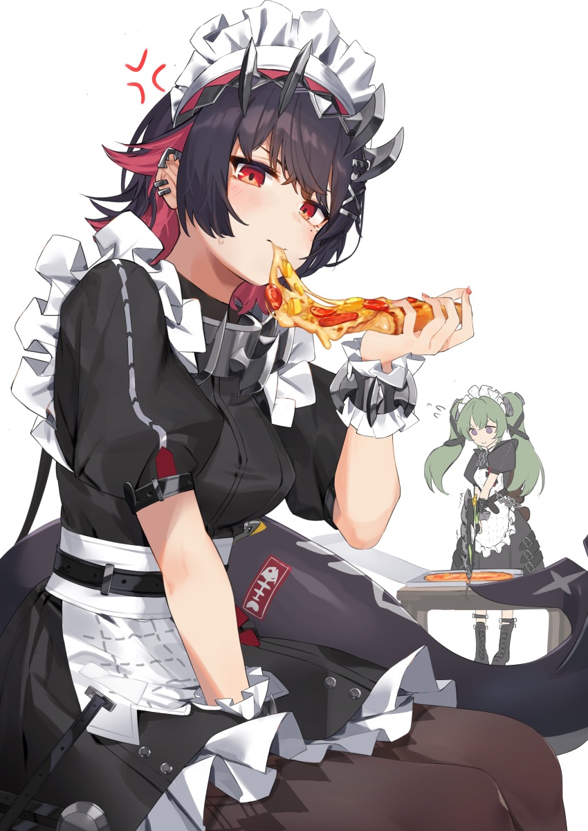 2girls absurdres angry animal_bag apron bear_bag black_dress black_hair black_pantyhose blush circular_saw colored_inner_hair corin_wickes dress e_buki ellen_joe fins fish_tail food frilled_wristband green_hair hair_between_eyes hair_ornament highres holding holding_food holding_pizza long_hair looking_at_viewer maid maid_apron maid_headdress metal_hairband mole mole_under_eye multicolored_hair multiple_girls pantyhose pizza pizza_slice puffy_short_sleeves puffy_sleeves purple_eyes red_eyes red_hair red_nails saw scar scar_on_tail screw_hair_ornament shark_girl shark_tail short_hair short_sleeves simple_background spiked_headband tail tail_belt twintails two-tone_hair white_apron zenless_zone_zero