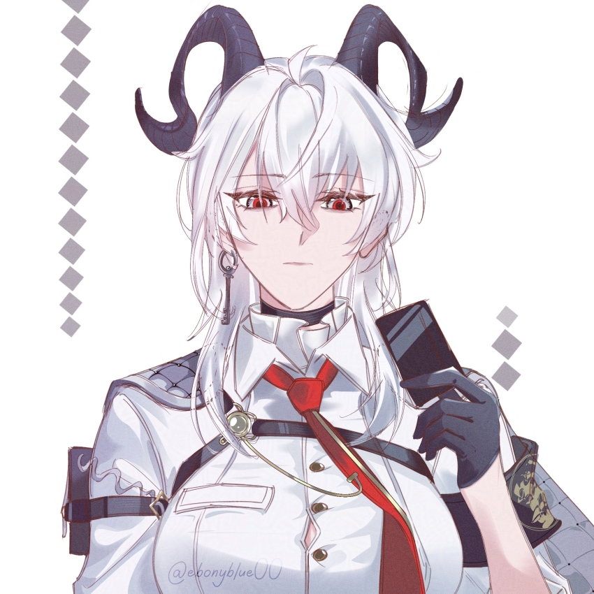 1girl arm_pouch armband black_armband black_choker black_gloves black_horns breasts button_gap choker closed_mouth collared_shirt commentary earrings ebonyblue00 gloves half_gloves highres holding horns jewelry key_earrings large_breasts long_hair looking_at_viewer necktie object_request portrait red_eyes red_necktie shirt simple_background solo white_background white_hair wuthering_waves zani_(wuthering_waves)