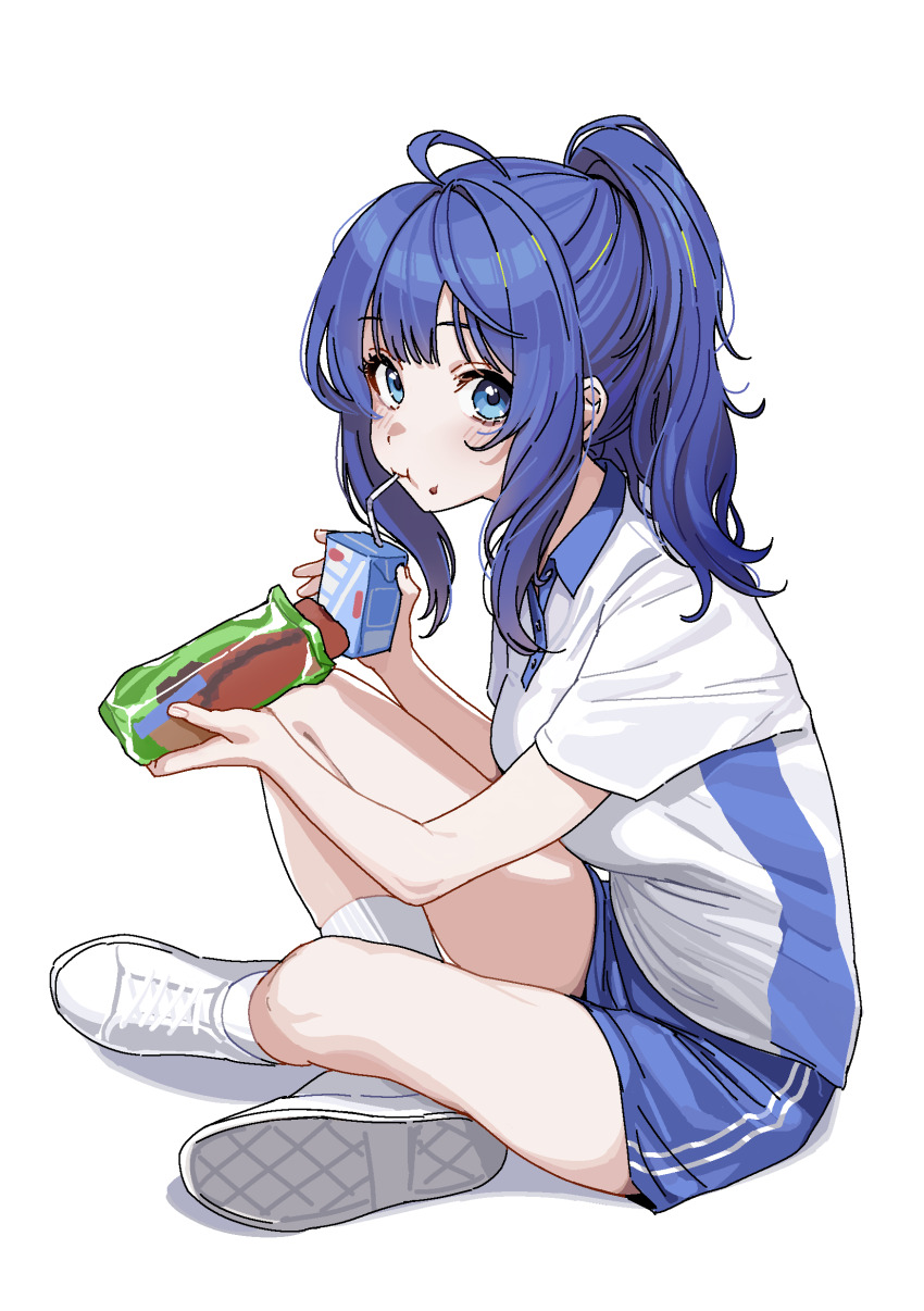 1girl absurdres ahoge blue_eyes blue_hair blue_shirt blue_shorts breasts collared_shirt drinking food food_on_face full_body highres holding holding_food indian_style juice_box large_breasts looking_at_viewer make_heroine_ga_oo_sugiru! ponytail shirt short_sleeves shorts sidelocks simple_background sitting socks solo striped_clothes striped_shorts taotao two-tone_shirt white_background white_shirt white_sneakers white_socks yanami_anna