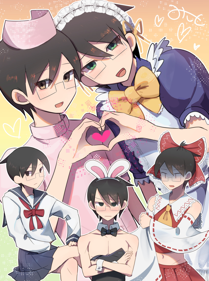 5boys absurdres alternate_costume alternate_eye_color animal_ears apron black_hair blush bow clone cosplay crossdressing crossed_arms detached_sleeves embarrassed enmaided frilled_bow frills glasses green_eyes hair_bow hakurei_reimu hakurei_reimu_(cosplay) hat heart heart_hands heart_hands_duo highres itoshiki_mikoto long_sleeves looking_at_viewer maid maid_apron maid_headdress male_focus male_maid male_playboy_bunny multiple_boys multiple_persona multiple_views neckerchief nontraditional_miko nurse nurse_cap open_mouth rabbit_ears red_neckerchief ribbon-trimmed_sleeves ribbon_trim sayonara_zetsubou_sensei school_uniform serafuku short_hair smile tomato_ebichiri touhou wrist_cuffs yellow_bow