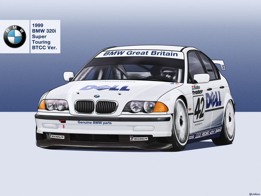 absurdres arrow_(symbol) bmw bmw_3_series bmw_e46 british_touring_car_championship car commentary dell english_commentary gloves grey_gloves grey_helmet helmet highres logo michelin michelin_man motor_vehicle original race_vehicle racecar shadow spoiler_(automobile) sponsor vehicle_focus vehicle_name vlad_kuzmin