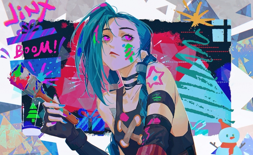 1girl arcane:_league_of_legends bare_shoulders blue_hair braid cloud_tattoo english_text fingerless_gloves gloves holding holding_paintbrush jinx_(league_of_legends) league_of_legends long_hair paintbrush pink_eyes solo tattoo twin_braids yumu_(8181018)