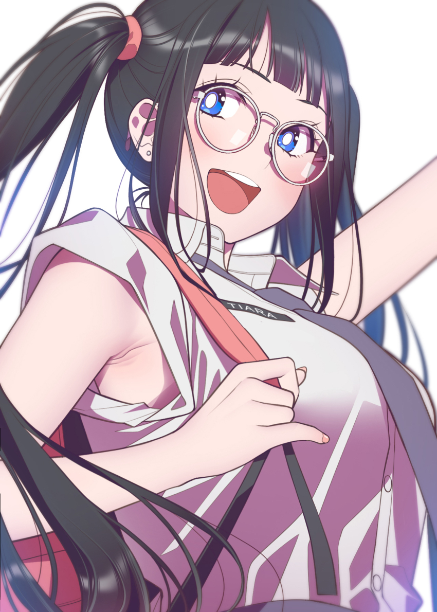 andrian_januar_adilia armpit_focus armpits black_hair blue_eyes fingernails glasses highres indonesian_high_school_uniform light_blush long_fingernails open_mouth original school_uniform shirt simple_background twintails white_shirt