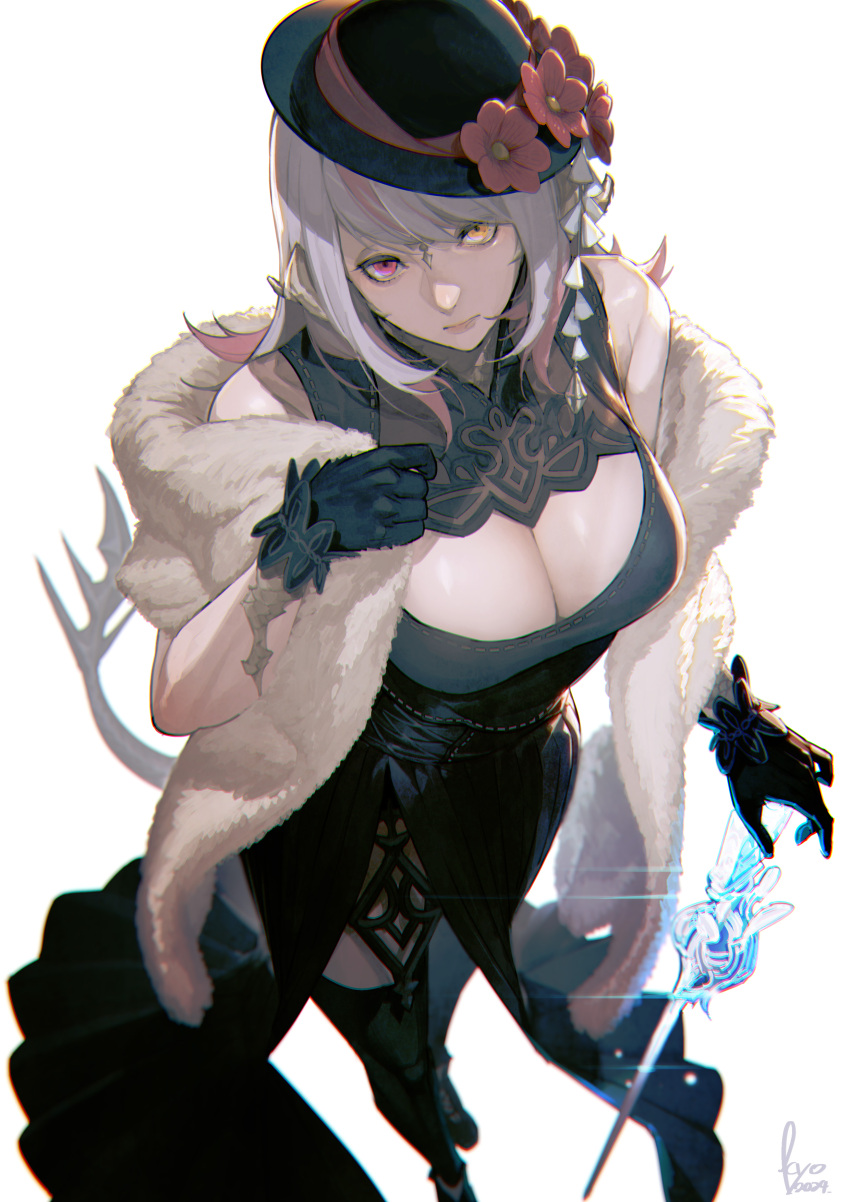 1girl absurdres artist_name au_ra bare_shoulders black_dress black_gloves boots bowler_hat breasts cleavage cleavage_cutout clothing_cutout dated dragon_girl dragon_horns dragon_tail dress final_fantasy final_fantasy_xiv fur_shawl gloves grey_hair hat heterochromia highres holding holding_weapon horns kyo_(kuroichigo) looking_at_viewer multicolored_hair nier:automata nier_(series) red_eyes red_hair scales shawl signature sleeveless sleeveless_dress solo streaked_hair tail thigh_boots warrior_of_light_(ff14) weapon yellow_eyes