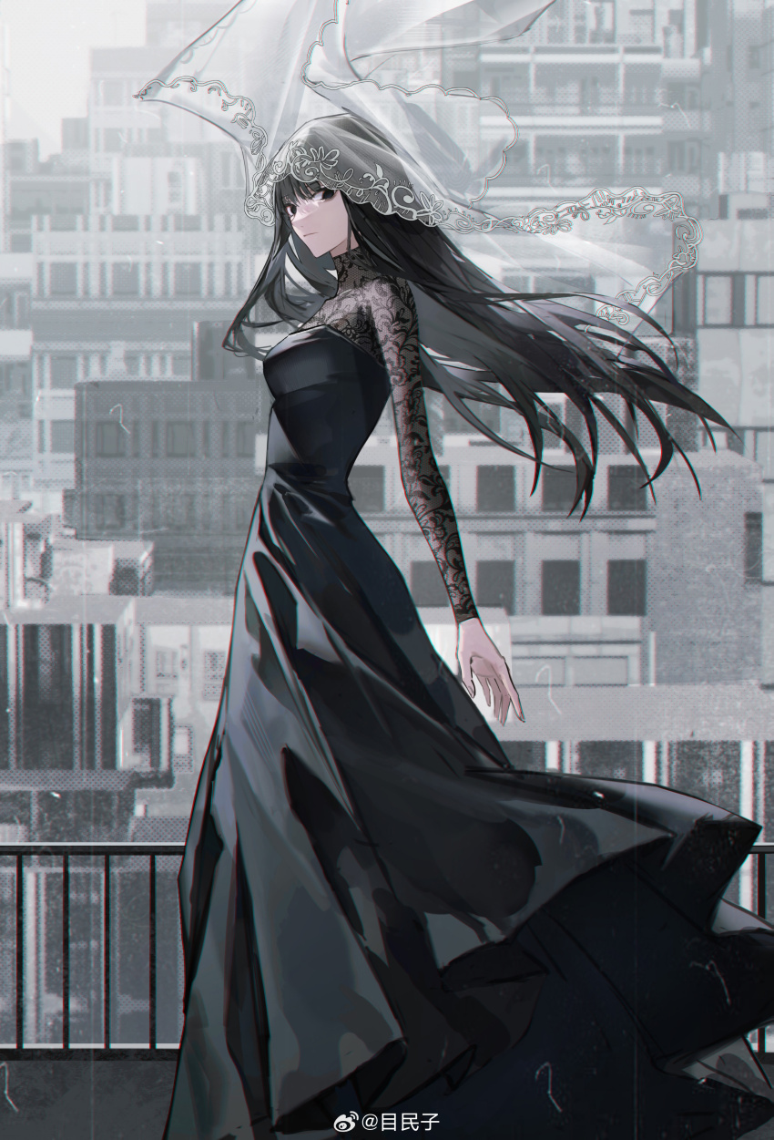 1girl absurdres black_dress black_eyes black_hair breasts building city dress feet_out_of_frame floating_hair from_side highres lace_sleeves long_dress long_hair long_sleeves looking_at_viewer looking_to_the_side osaragi_(sakamoto_days) railing sakamoto_days see-through_clothes see-through_veil sleepless_(wrysmile) solo standing veil weibo_watermark weibo_watermark