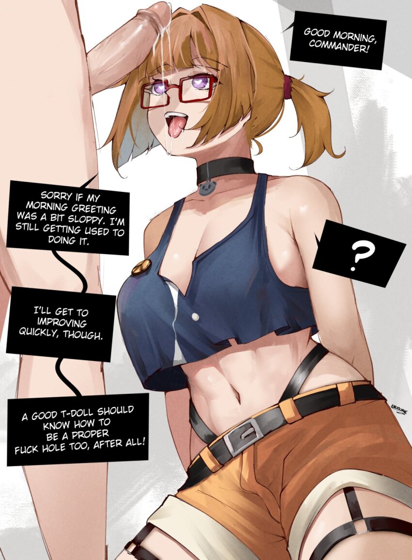 1boy 1girl ? after_fellatio black_choker black_tank_top breasts brown_hair brown_shorts choker cleavage english_text erection eroborne girls&#039;_frontline glasses grizzly_mkv_(girls&#039;_frontline) grizzly_mkv_(weekend_cop)_(girls&#039;_frontline) hair_intakes heart heart-shaped_pupils hetero highres looking_at_another midriff navel official_alternate_costume open_mouth peace_symbol purple_eyes rectangular_eyewear red-framed_eyewear short_hair short_ponytail short_shorts shorts speech_bubble symbol-shaped_pupils tank_top teeth tongue tongue_out upper_teeth_only