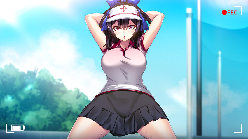 1girl arata armpits arms_up battery_indicator blurry blurry_background breasts cloud day female_focus game_cg hair_between_eyes high_ponytail large_breasts legs legs_apart long_hair looking_at_viewer nyotaika_shita_dake_na_no_ni..._~ts_shita_tennis-bu_ace_wa,_buin_no_nagusami_mono_to_narimashita~ open_mouth original oumi_mizuki outdoors pink_eyes purple_hair recording skirt sky solo sportswear standing tennis_uniform thighs tree