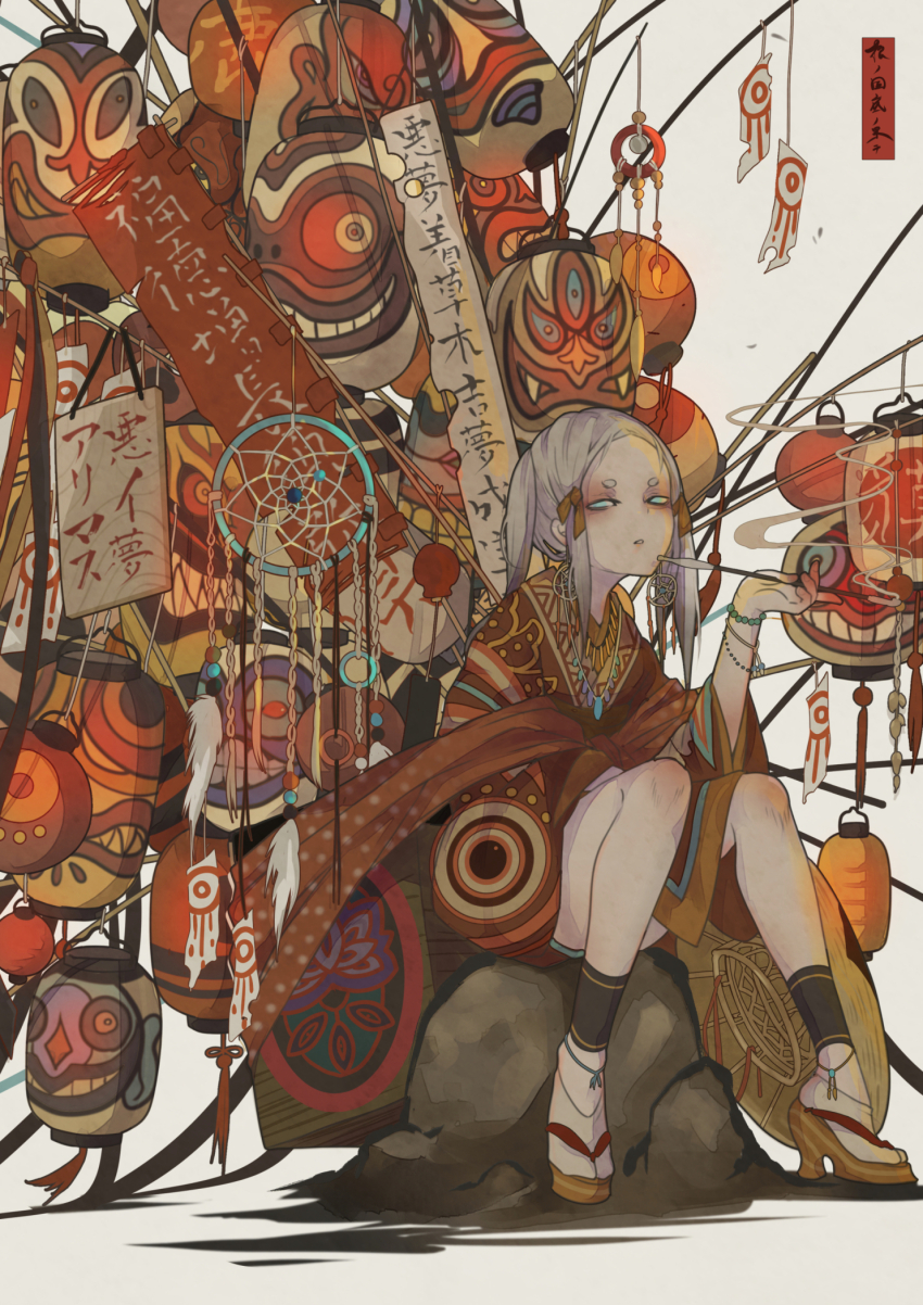 1girl ankle_strap banner bead_bracelet beads bracelet dreamcatcher earrings hair_ribbon high_heels highres holding holding_smoking_pipe japanese_clothes jewelry kimono kiseru lantern long_hair looking_at_viewer multiple_bracelets nanahara_shie necklace no_pupils okobo original paper_lantern platform_sandals print_kimono ribbon rock sandals shadow shoes short_kimono sign sitting smoking smoking_pipe socks solo thick_eyebrows white_background white_hair white_socks wide_sleeves