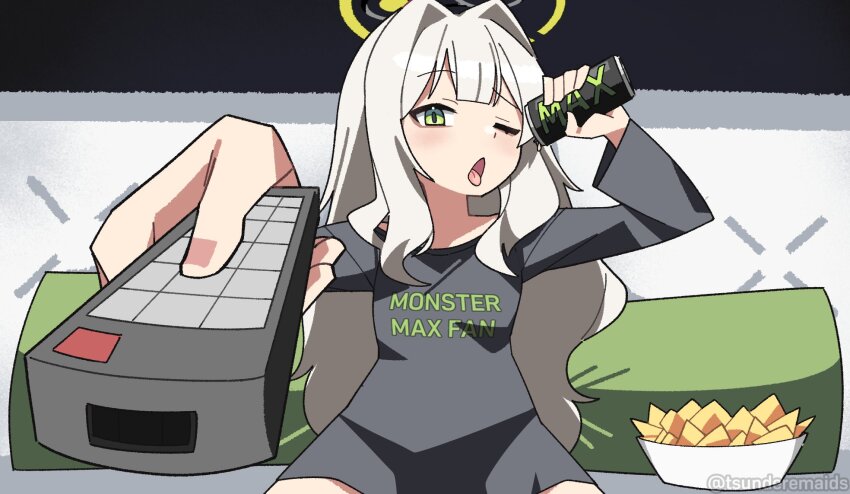 1girl blue_archive bottle chips_(food) controller couch drinking energy_drink food foreshortening green_eyes grey_hair halo hare_(blue_archive) hare_(pajamas)_(blue_archive) highres holding holding_bottle holding_remote_control long_hair long_sleeves man_watching_tv_(meme) meme remote_control sitting solo tsunderemaids