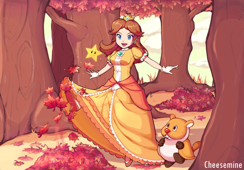 1girl absurdres animal blue_eyes breasts brown_hair crown dress earrings flower_earrings forest full_body gloves grin happy high_heels highres jewelry kicking leaves looking_at_viewer mario_(series) nature nintendo orange_dress princess_daisy puffy_short_sleeves puffy_sleeves short_hair short_sleeves smile squirrel starman super_mario_bros._1 super_mario_land tail tomboy tree