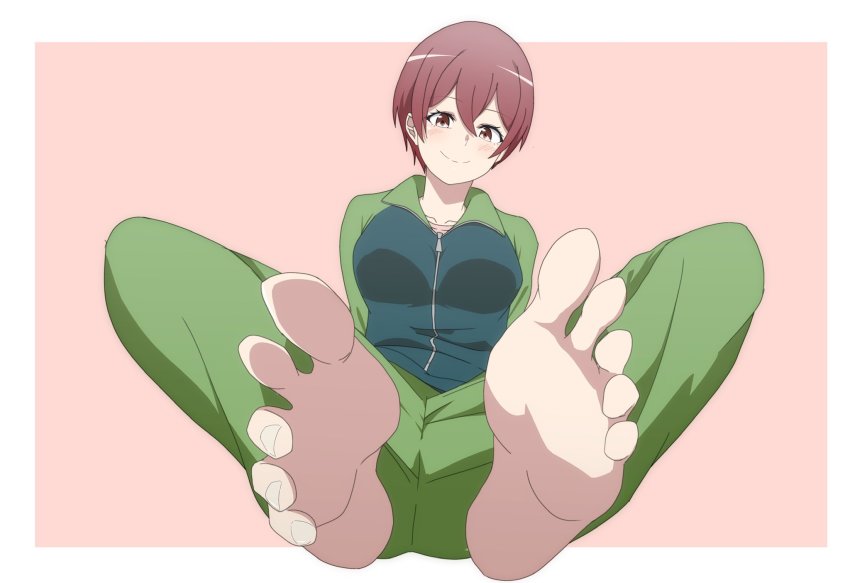 1girl barefoot blush feet highres looking_at_viewer minami_sagami short_hair smile soles toes track_suit yahari_ore_no_seishun_lovecome_wa_machigatteiru.