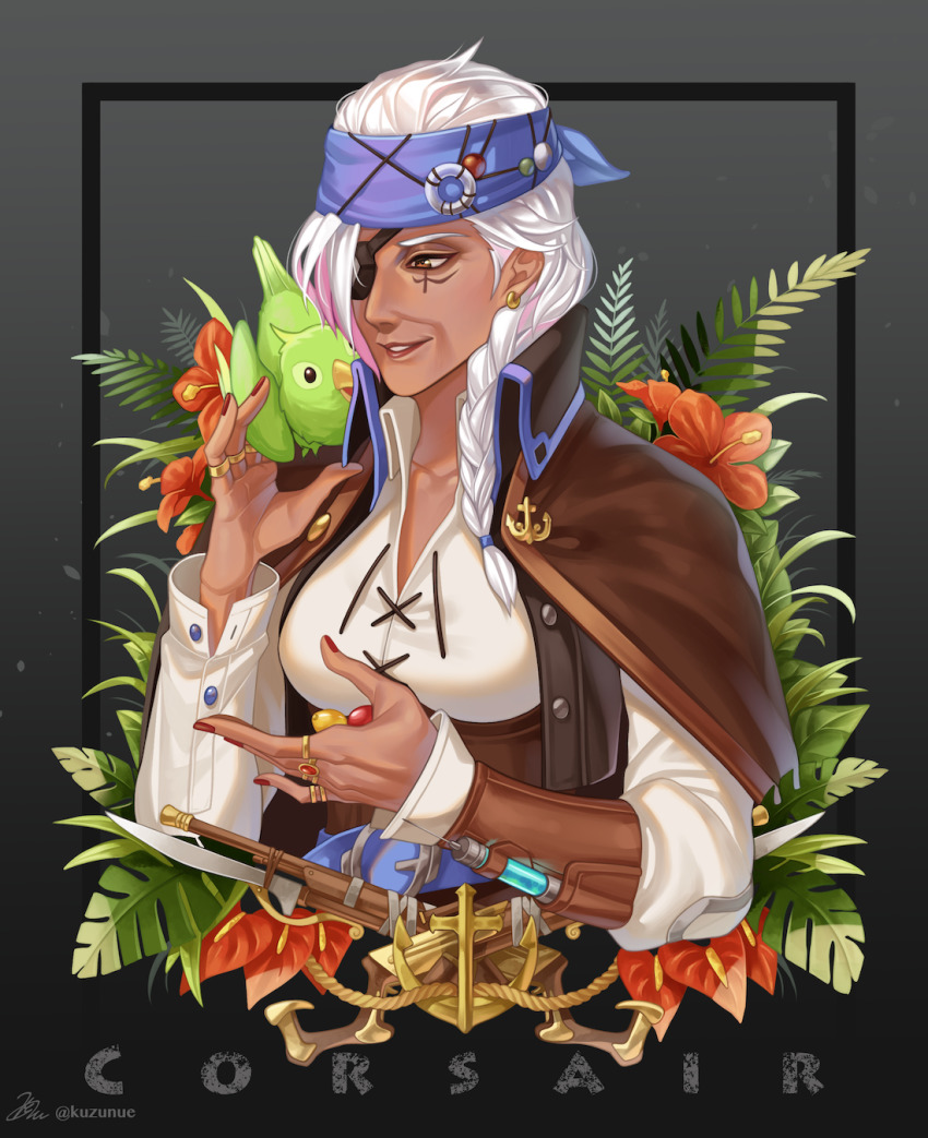 1girl ana_(overwatch) anchor_symbol bayonet bird black_background braid breasts brown_eyes buttons coat collarbone commentary_request corsair_ana dark-skinned_female dark_skin earrings eye_of_horus eyepatch facial_tattoo fern flower framed_image from_side gradient_background grey_background gun headband hibiscus highres jewelry kuzunue long_hair long_sleeves looking_to_the_side medium_breasts official_alternate_costume old old_woman open_collar overwatch overwatch_1 parrot parted_lips pirate plant ring rope shirt signature single_braid smile solo syringe tattoo twitter_username upper_body weapon white_hair white_shirt