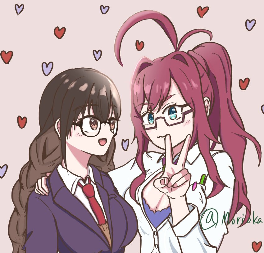 2girls aged_up artist_request black_hair breasts cleavage female_focus glasses heart iin_chiyo kimi_no_koto_ga_dai_dai_dai_dai_daisuki_na_100-nin_no_kanojo large_breasts long_hair multiple_girls peace_symbol red_hair semi-rimless_eyewear smile trait_connection yakuzen_kusuri