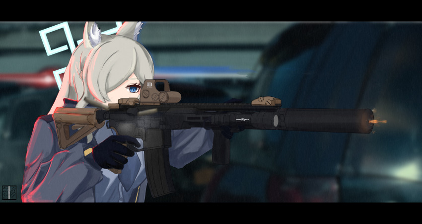 1girl absurdres animal_ears assault_rifle blue_archive blue_halo dog_girl extra_ears firing gun hair_over_one_eye halo highres incredibly_absurdres kanna_(blue_archive) m4_carbine non-web_source rifle valkyrie_police_academy_student_(blue_archive) weapon