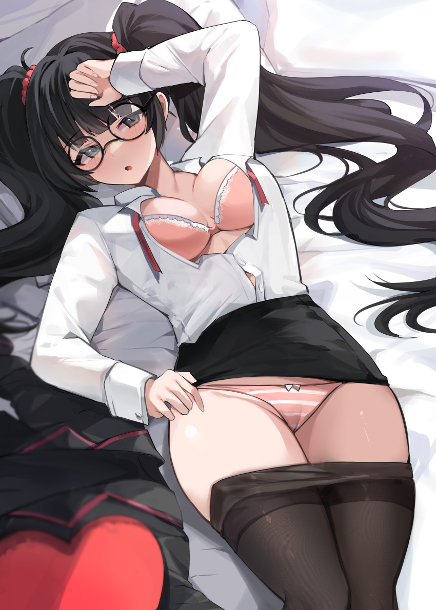 1girl absurdres artist_request bed black_eyes black_hair black_pantyhose black_skirt blazer blunt_bangs blush bra breasts clothes_lift clothes_pull collared_shirt glasses highres indoors jacket large_breasts long_hair lying neck_ribbon on_back on_bed original panties pantyhose pantyhose_pull pillow red_bra red_panties red_ribbon ribbon round_eyewear school_uniform second-party_source shirt skirt skirt_lift solo striped_clothes striped_panties twintailed_girl_(woo_ing) twintails underwear undone_neck_ribbon unworn_jacket very_long_hair