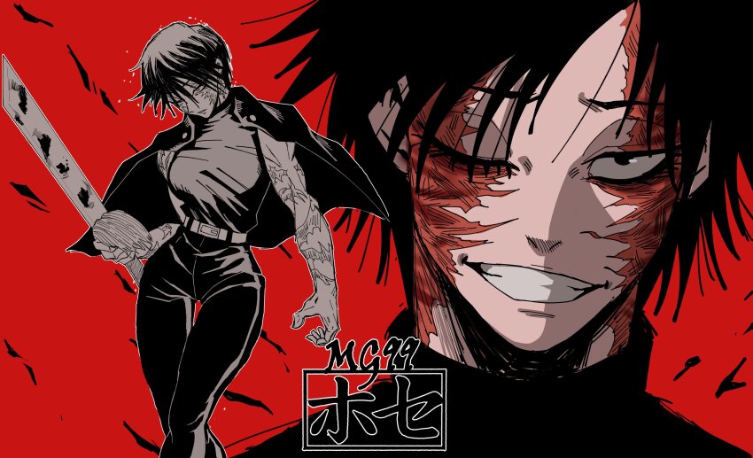 1girl absurdres artist_name belt black_eyes black_hair burn_scar close-up highres holding holding_sword holding_weapon jacket jacket_on_shoulders jujutsu_kaisen jujutsu_tech_uniform looking_at_viewer loose_hair_strand mg991998 multiple_views muscular muscular_female one_eye_closed parted_lips red_background scar scar_on_arm scar_on_face school_uniform shirt sleeveless sleeveless_shirt smirk sword turtleneck watermark weapon zen&#039;in_maki