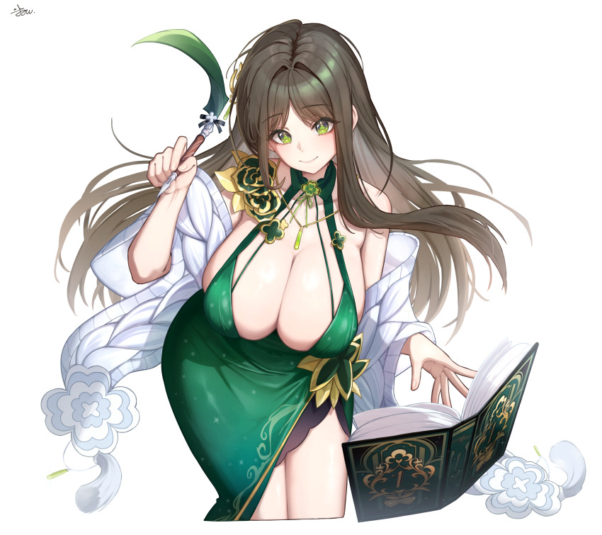 1girl absurdres bare_shoulders bent_over black_survival book breasts brown_hair cleavage closed_mouth cocktail_dress cropped_legs dress eternal_return:_black_survival flower green_dress green_eyes gweon_sua halterneck hand_up highres holding holding_quill large_breasts long_hair looking_at_viewer official_alternate_costume open_book quill rose sash side_slit simple_background skindentation sleeveless sleeveless_dress smile solo symbol-shaped_pupils very_long_hair white_background white_sash yuon_6262