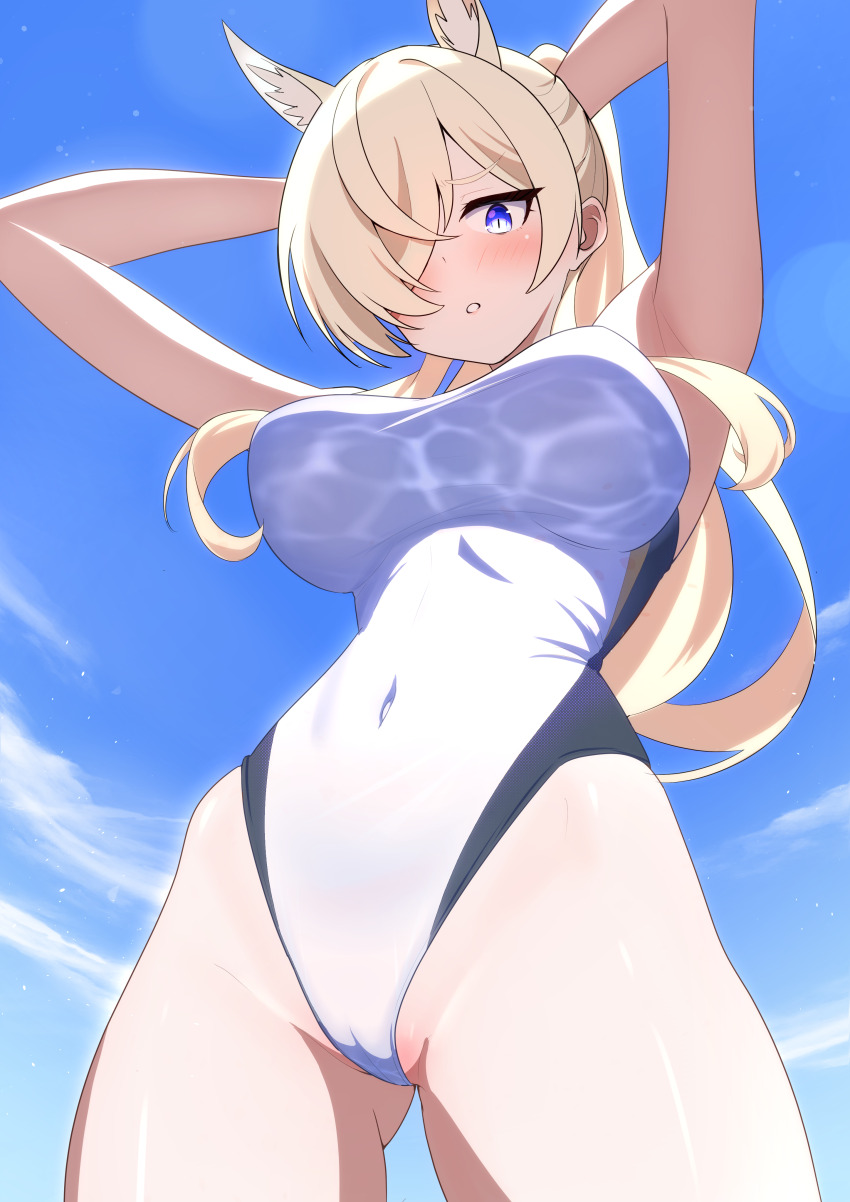 1girl :o absurdres animal_ear_fluff animal_ears armpits arms_behind_head black_one-piece_swimsuit blonde_hair blue_archive blue_eyes blue_sky blush breasts cameltoe cloud competition_swimsuit covered_navel dog_ears extra_ears from_below hair_over_one_eye highleg highleg_one-piece_swimsuit highres hip_bones impossible_clothes impossible_swimsuit kanna_(blue_archive) kanna_(swimsuit)_(blue_archive) large_breasts long_hair maretto official_alternate_costume one-piece_swimsuit parted_lips partially_visible_vulva ponytail sky solo swimsuit white_one-piece_swimsuit