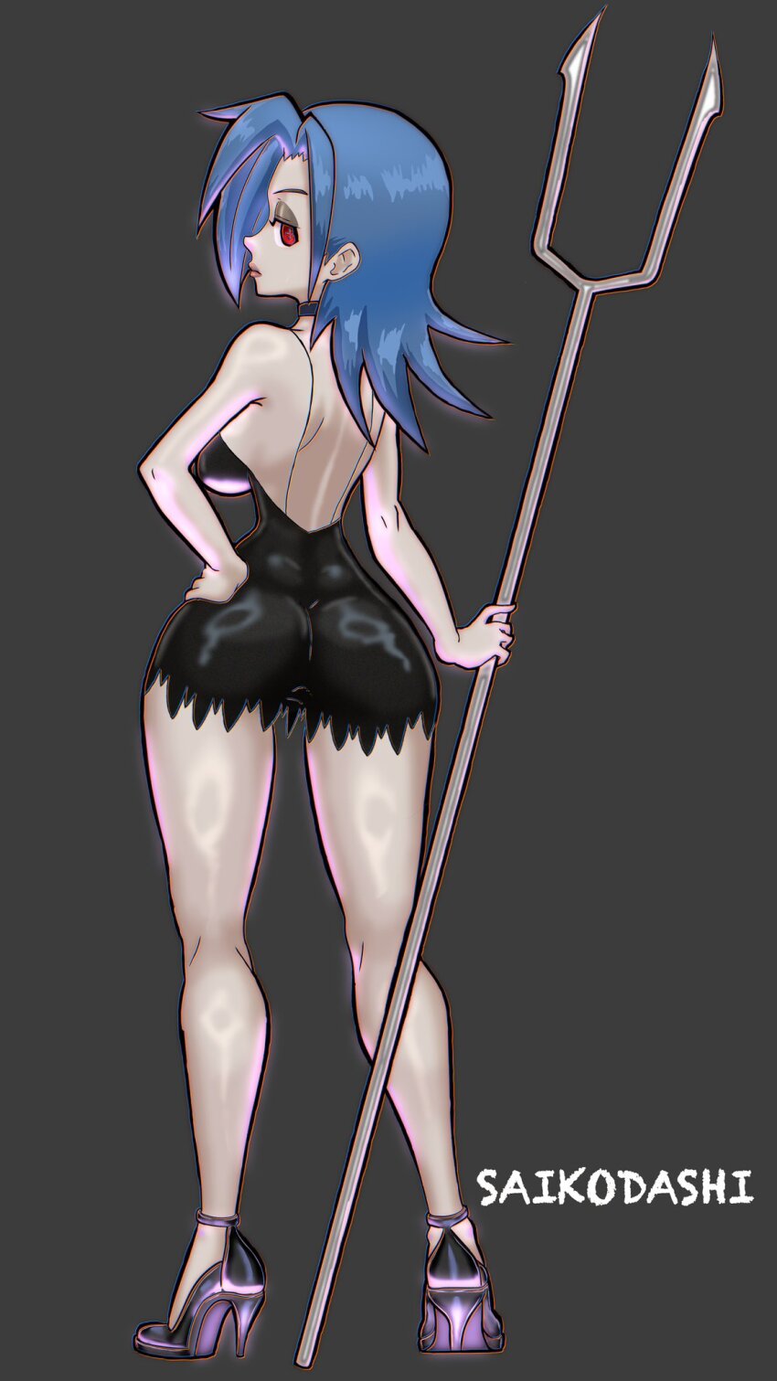 1girl 4m4y0r1 alternate_costume ass blue_hair breasts choker dress from_behind grey_background hair_down hand_on_own_hip high_heels highres large_breasts lipstick long_hair looking_at_viewer looking_back makeup polearm red_eyes skort skullgirls solo spear standing valentine_(skullgirls) weapon wide-eyed