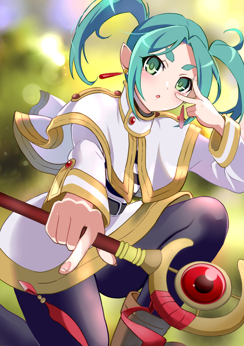 1girl absurdres alternate_costume aqua_hair black_leggings cosplay costume_switch earrings fingernails frieren green_hair highres holding holding_staff jewelry leggings look-alike mashimaro_tabetai medium_hair monogatari_(series) ononoki_yotsugi sousou_no_frieren staff twintails v