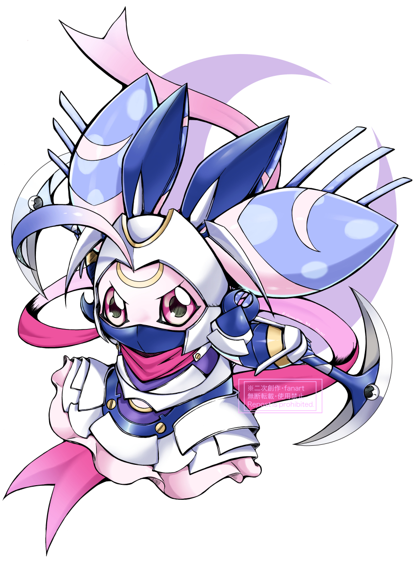 absurdres animal_ears armor colored_skin commentary_request cosplay crescent dianamon dianamon_(cosplay) digimon digimon_(creature) extra_ears full_armor helmet highres holding holding_scythe lunamon mask mouth_mask pink_eyes pink_scarf pink_skin rabbit_ears scarf scythe shingetsu_(doru0222) simple_background watermark white_background