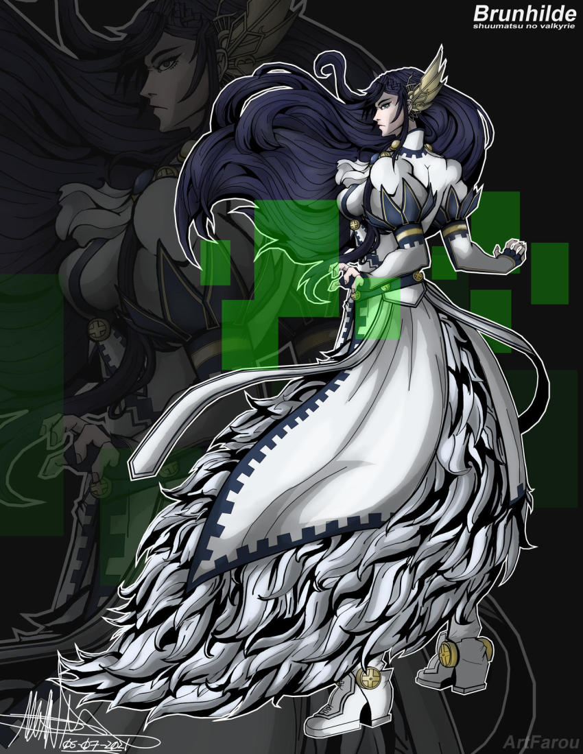 1girl boots breasts brunhilde_(shuumatsu_no_valkyrie) female_focus gloves green_eyes highres large_breasts long_hair looking_at_viewer ornament serious shuumatsu_no_valkyrie solo valkyrie very_long_hair