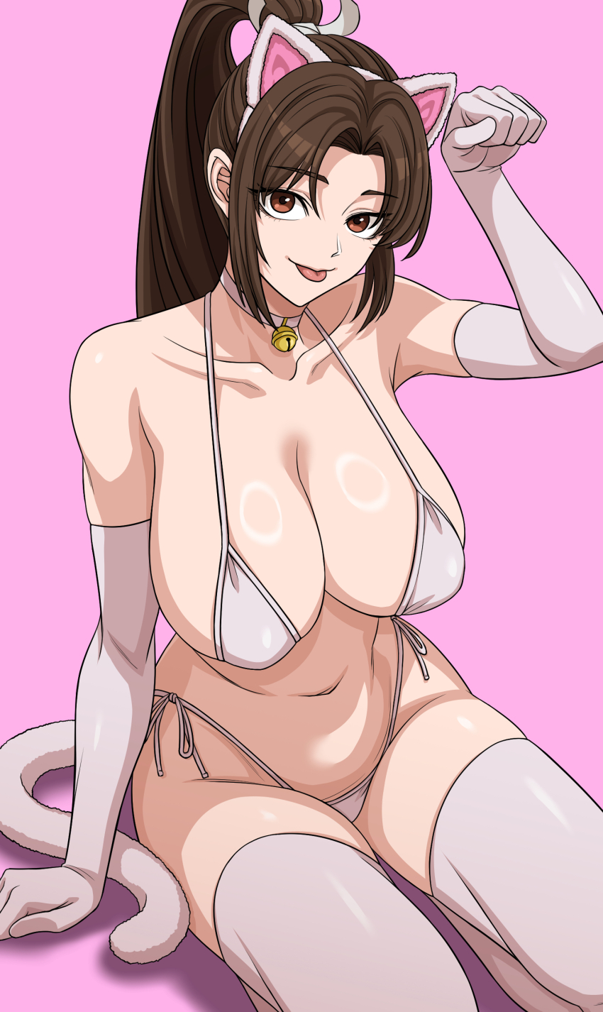 1girl absurdres animal_ear_hairband animal_ears bare_arms bare_shoulders bell bikini breasts brown_eyes brown_hair casual cat_ear_hairband cat_ears cat_tail choker cleavage clenched_hand collarbone commentary fake_animal_ears fake_tail fatal_fury gloves hair_ornament hairband hand_up high_ponytail highres kimleon large_breasts long_hair looking_at_viewer navel neck_bell parted_bangs paw_pose pink_background ponytail seiza shiranui_mai simple_background sitting smile solo stomach street_fighter street_fighter_6 swimsuit tail the_king_of_fighters thighs tongue tongue_out very_long_hair white_bikini white_choker wide_hips