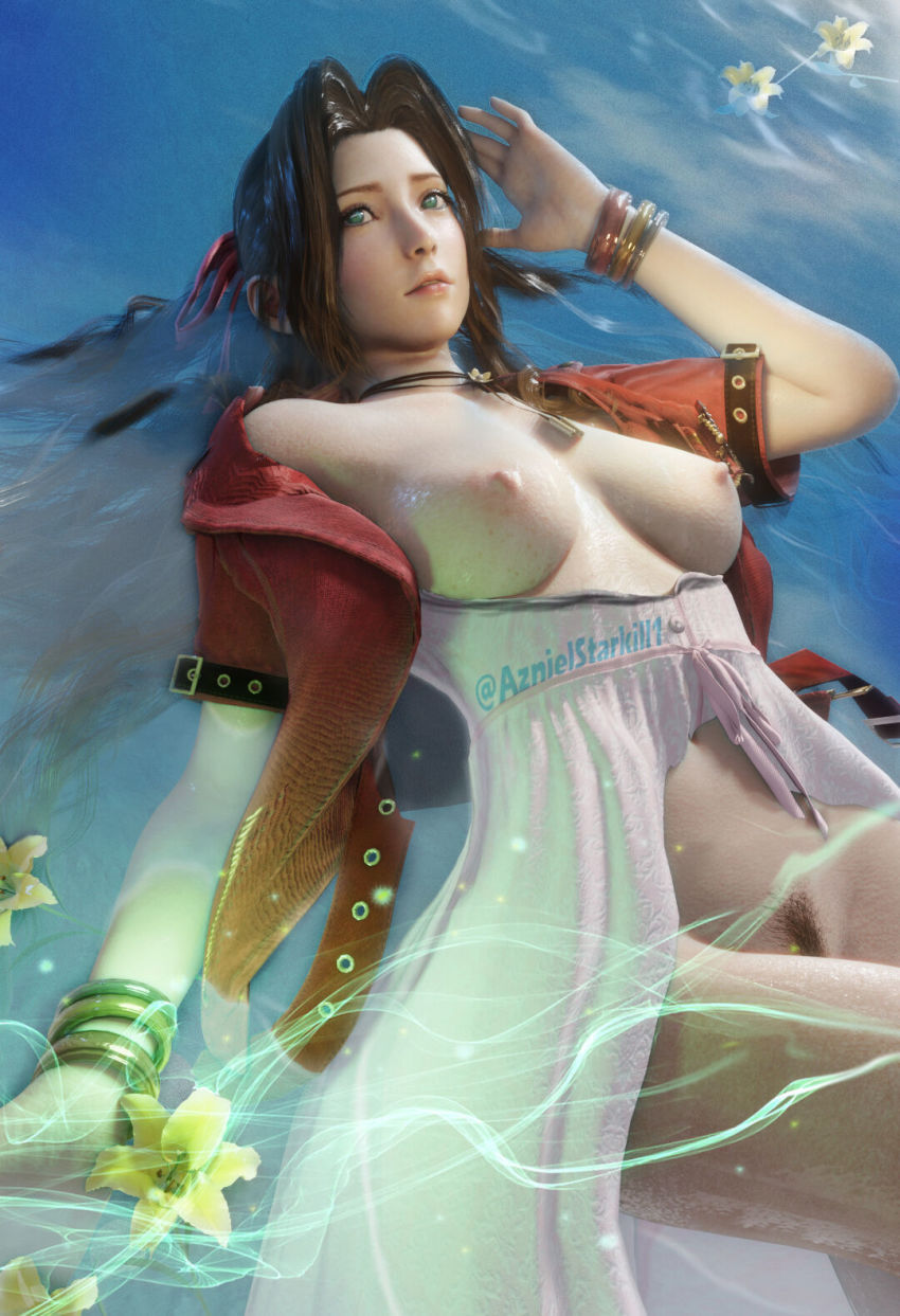 1girl 3d aerith_gainsborough azniel_starkill bracelet breasts brown_hair choker dress final_fantasy final_fantasy_vii final_fantasy_vii_remake flower green_eyes hair_ribbon hand_to_own_head highres jacket jewelry lifestream lily_(flower) long_hair medium_breasts necklace nipples open_clothes open_dress parted_bangs parted_lips partially_submerged pink_dress ponytail pubic_hair red_jacket ribbon solo square_enix upper_body wavy_hair yellow_flower