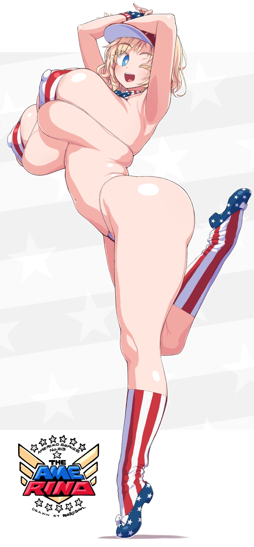 1girl absurdres american_flag american_flag_bikini american_flag_footwear american_flag_legwear american_flag_print armpits artist_name bikini blonde_hair blue_eyes blue_footwear breasts colored_eyelashes commentary_request covered_erect_nipples fingerless_gloves flag_print gloves hat highres huge_breasts kneehighs leg_up logo makino_momiji_(artist) multicolored_bikini multicolored_clothes multicolored_gloves navel one_eye_closed open_mouth original print_bikini red_bikini red_hat shadow shoes skindentation socks solo standing standing_on_one_leg star-shaped_pupils star_(symbol) star_print striped_bikini striped_clothes striped_socks swimsuit symbol-shaped_pupils teeth thighs two-tone_bikini upper_teeth_only visor_cap white_bikini