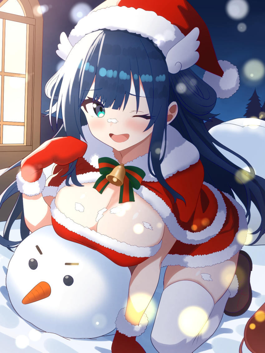 1girl all_fours amano_nene_(vtuber) blue_eyes blue_hair blurry bokeh breasts capelet cleavage commission depth_of_field dress fur_trim gloves hair_rings hand_up hat highres indie_virtual_youtuber large_breasts loafers long_hair looking_at_viewer one_eye_closed open_mouth red_capelet red_dress red_gloves red_hat santa_hat shoes skeb_commission smile solo strapless strapless_dress thighhighs very_long_hair virtual_youtuber white_thighhighs yohan_yojohan zettai_ryouiki