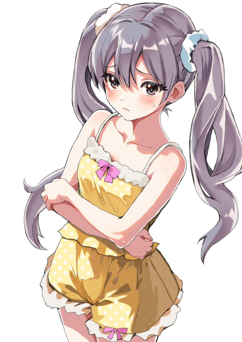 1girl absurdres apple_tea_(mellonnicola) bare_arms bare_shoulders blue_scrunchie blush bow camisole closed_mouth collarbone covered_groin cowboy_shot crossed_arms frown grey_eyes grey_hair hair_between_eyes hair_ornament hair_scrunchie highres long_hair looking_at_viewer monogatari_(series) oikura_sodachi pajamas pink_bow polka_dot polka_dot_pajamas scrunchie shorts simple_background solo sweatdrop twintails wavy_hair white_background yellow_camisole yellow_pajamas yellow_scrunchie yellow_shorts