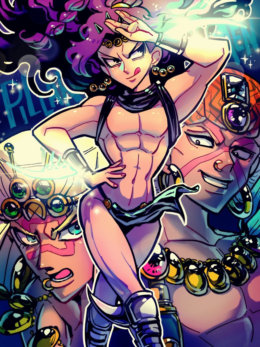 arm_blade bad_id bad_pixiv_id battle_tendency boots chocoblood dark-skinned_male dark_skin earrings esidisi facial_mark glowing glowing_weapon green_eyes hat highres hoop_earrings horns inset jewelry jojo_no_kimyou_na_bouken kars_(jojo) loincloth long_hair male_focus muscular muscular_male necklace nose_piercing nose_ring pelvic_curtain piercing purple_hair red_eyes topless_male turban wamuu wavy_hair weapon white_hair