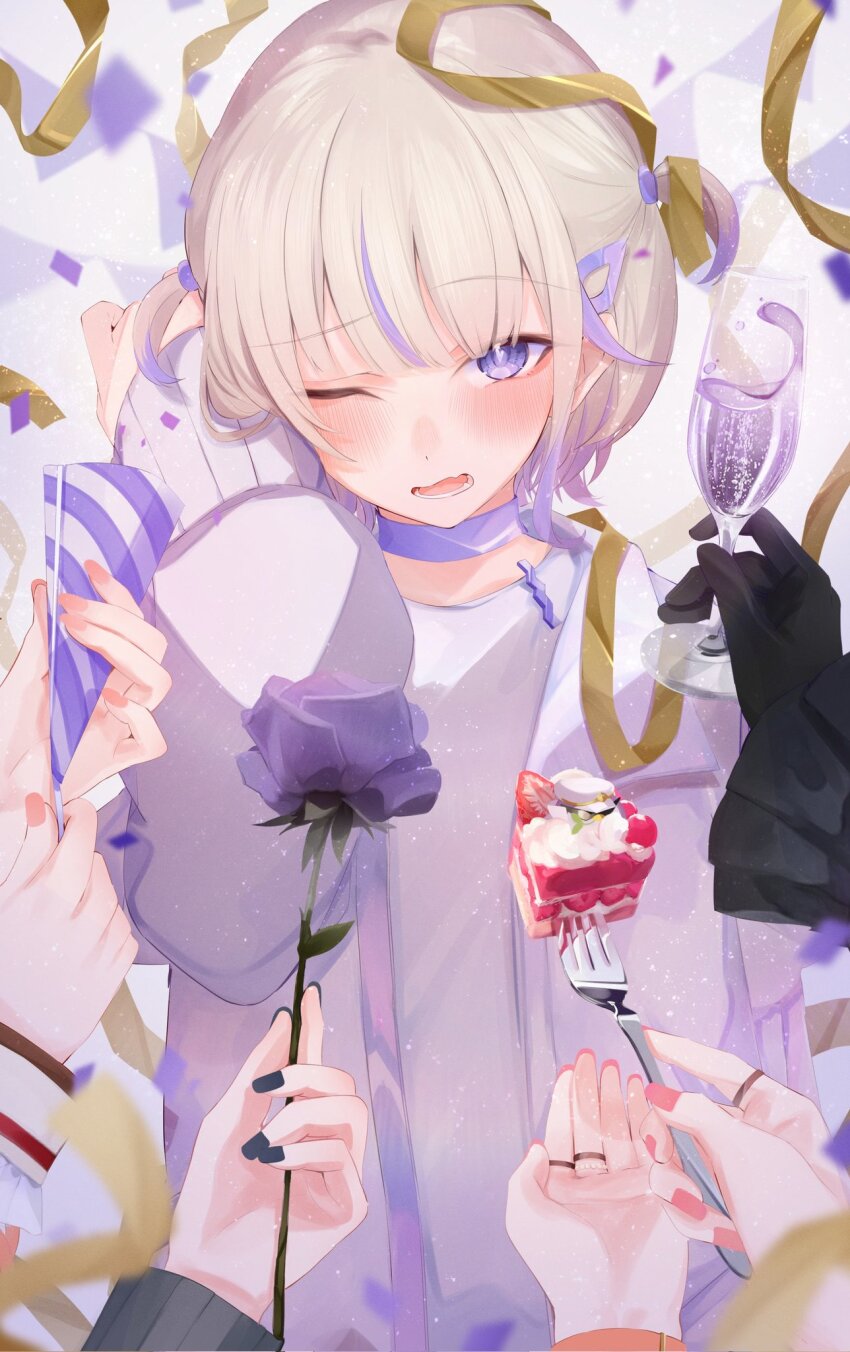 5girls adjusting_hair black_gloves black_nails blonde_hair blush cake cardigan champagne_flute choker commentary_request confetti cup drinking_glass embarrassed flower food fork gloves highres hiodoshi_ao hiodoshi_ao_(1st_costume) holding holding_cup holding_flower holding_fork hololive hololive_dev_is ichijou_ririka ichijou_ririka_(1st_costume) juufuutei_raden juufuutei_raden_(1st_costume) long_sleeves looking_at_viewer motoi_(croa76) multicolored_hair multiple_girls nail_polish one_eye_closed open_cardigan open_clothes open_mouth otonose_kanade otonose_kanade_(1st_costume) party_popper pink_nails purple_choker purple_eyes purple_flower purple_hair purple_sweater shirt short_hair streaked_hair sweater teeth todoroki_hajime todoroki_hajime_(1st_costume) two_side_up upper_body virtual_youtuber white_shirt