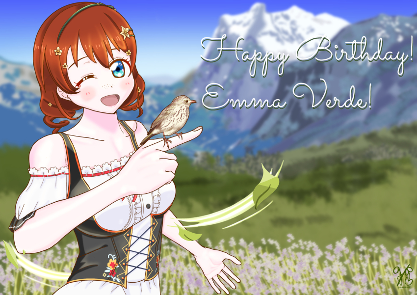 1girl absurdres aqua_eyes artist_name artist_request back_bow bare_shoulders bird bird_on_hand black_bow black_corset black_hairband blue_eyes blue_sky blush bow bow_hairband bracelet braid breasts brown_hair cloud collarbone corset day dirndl dress drill_hair emma_verde evergreen_(love_live!) female_focus flower flower_bracelet hair_flower freckles frilled_dress frills german_clothes green_hairband hair_between_eyes hair_flower hair_ornament hairband hairclip highres inasaku75 inasaku_yuza jewelry long_hair looking_at_viewer love_live! love_live!_nijigasaki_high_school_idol_club love_live!_school_idol_festival medium_breasts mountain one_eye_closed outdoors parted_lips puffy_short_sleeves puffy_sleeves red_hair red_ribbon ribbon short_hair short_sleeves sky smile solo swiss_clothes twin_braids twintails upper_body white_bow white_dress