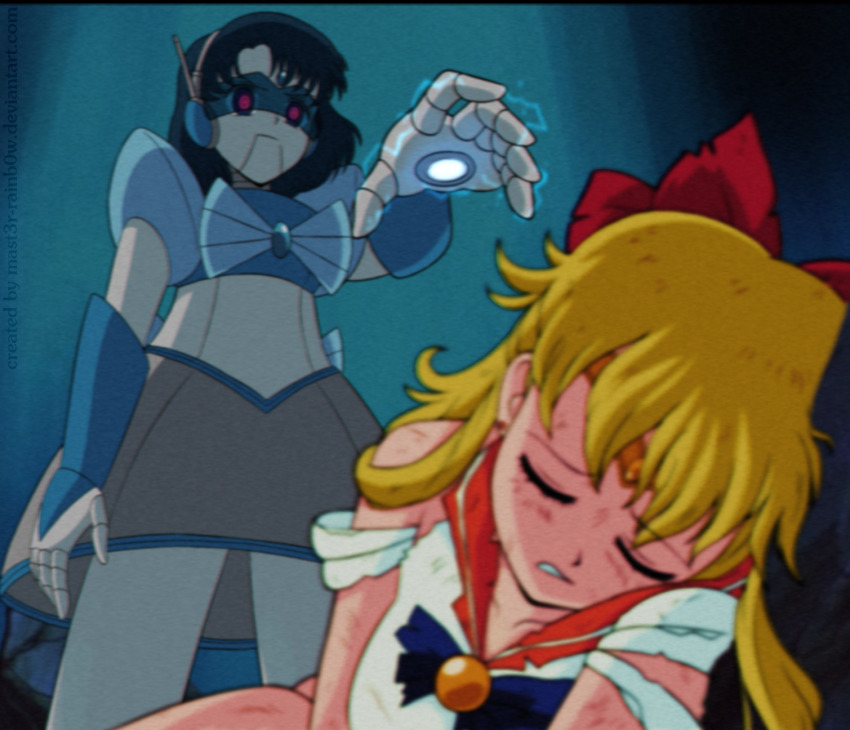 1990s_(style) 2girls aino_minako bishoujo_senshi_sailor_moon black_hair blonde_hair bow circlet closed_eyes commentary commission electricity english_commentary film_grain hair_bow highres mast3r-rainb0w mechanization mizuno_ami multiple_girls orange_sailor_collar red_eyes retro_artstyle robot robot_girl sailor_collar sailor_mercury sailor_venus torn_clothes