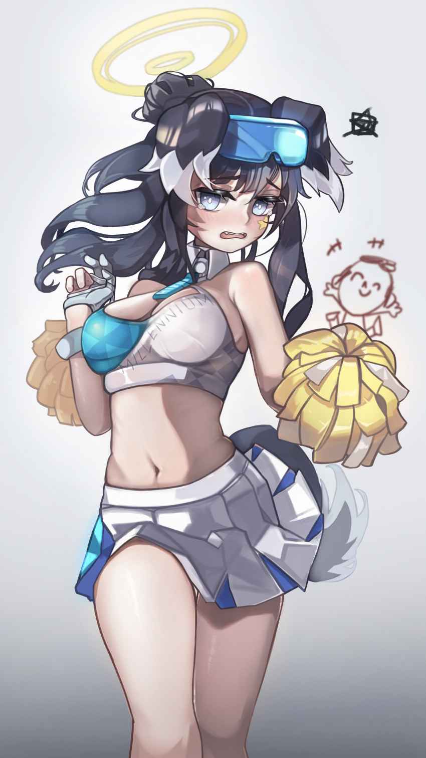 1girl 1other absurdres animal_ears bare_shoulders black_hair blue_archive blue_eyes blush breasts cheerleader cleavage commentary cowboy_shot crop_top facial_mark goggles goggles_on_head grey_background hibiki_(blue_archive) hibiki_(cheer_squad)_(blue_archive) highres large_breasts long_hair looking_at_viewer midriff millennium_cheerleader_outfit_(blue_archive) miniskirt navel official_alternate_costume open_mouth plabit pom_pom_(cheerleading) revision simple_background skirt solo_focus standing star_(symbol) stomach thighs white_skirt