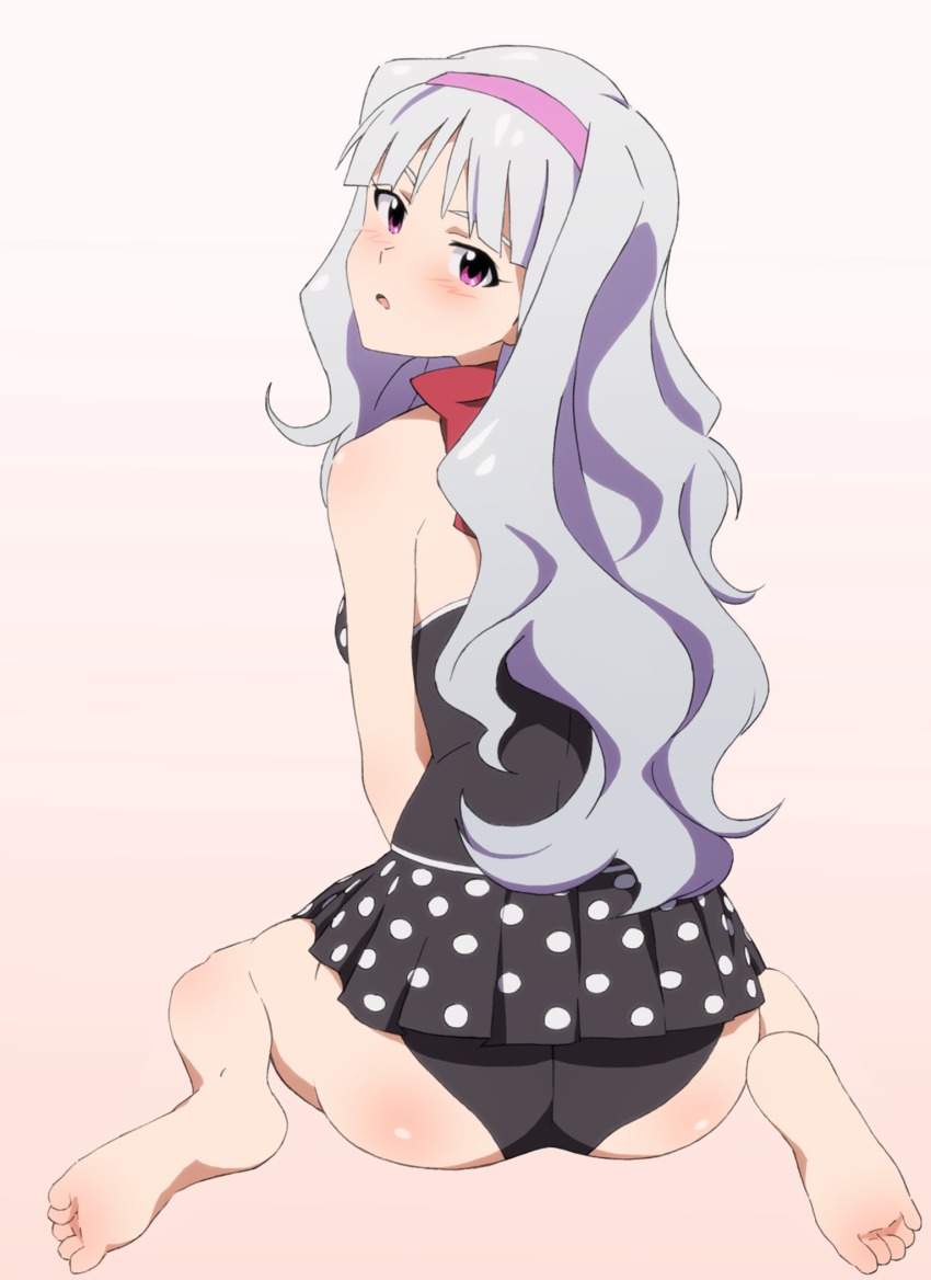 1girl ass bad_feet bad_id bad_pixiv_id barefoot black_one-piece_swimsuit blush female_focus gradient_background hairband head_tilt highres idolmaster idolmaster_(classic) long_hair looking_at_viewer one-piece_swimsuit open_mouth purple_eyes shijou_takane silver_hair simple_background sitting solo swimsuit taku1122 wariza white_background