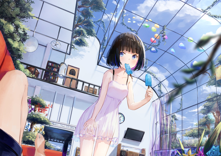 absurdres blue_eyes brown_hair cloud dress flower food highres popsicle rei_(farta_litia) see-through short_hair sky white_dress