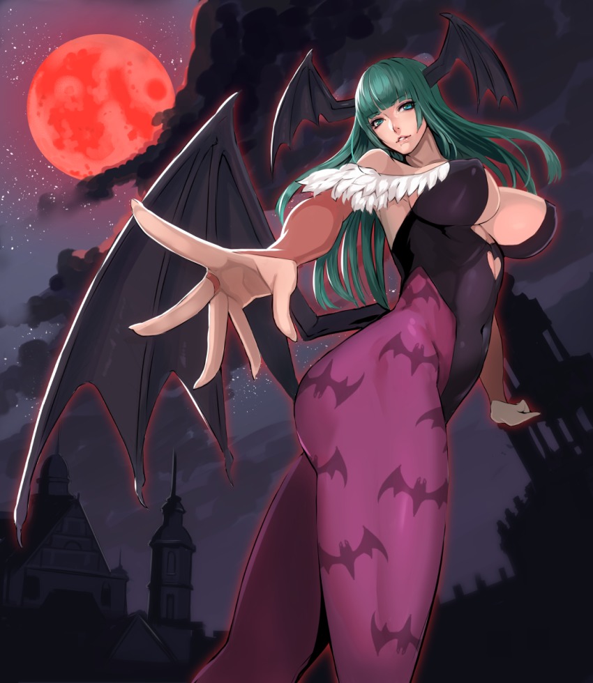 1girl animal_print bare_shoulders bat_(animal) bat_print black_wings breasts cleavage damegane darkstalkers demon_girl female_focus foreshortening from_below green_eyes green_hair head_wings highres large_breasts legs long_hair looking_at_viewer matching_hair/eyes moon morrigan_aensland night night_sky pantyhose print_pantyhose red_moon sky solo thick_thighs thighs wings