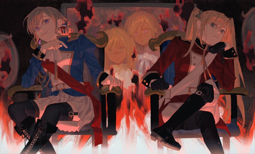 2girls aiguillette ascot axis_powers_hetalia belt black_footwear black_thighhighs blonde_hair blue_jacket boots bow breasts burning chair crossed_legs earrings elbow_rest epaulettes erweimaoyou fire france_(hetalia) garter_belt genderswap genderswap_(mtf) gloves green_eyes hair_bow head_on_hand highres jacket jewelry knee_boots long_hair looking_at_viewer medium_breasts military military_jacket military_uniform monocle monocle_chain multiple_girls painting_(object) pants purple_eyes red_jacket red_sash sash sitting skirt smile suspenders thighhighs twintails united_kingdom_(hetalia) white_ascot white_belt white_pants white_sash white_skirt