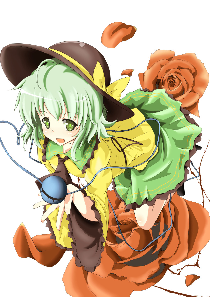 1girl absurdres blush eyeball female_focus flower fps frills green_eyes hat hat_ribbon heart heart_of_string highres komeiji_koishi long_sleeves petals red_flower red_rose ribbon rose short_hair silver_hair skirt smile solo third_eye touhou wide_sleeves