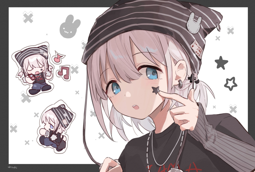 1girl black_footwear black_shirt blue_eyes blue_pants breasts earrings finger_to_face hair_ornament hair_scrunchie hand_on_own_face hand_up hat highres idolmaster idolmaster_shiny_colors jewelry kiouri long_sleeves medium_breasts musical_note necklace open_mouth pants rabbit raised_eyebrows scrunchie serizawa_asahi shirt shoes simple_background sleeves_past_wrists solo star_(symbol) teeth upper_teeth_only white_background white_hair x_hair_ornament