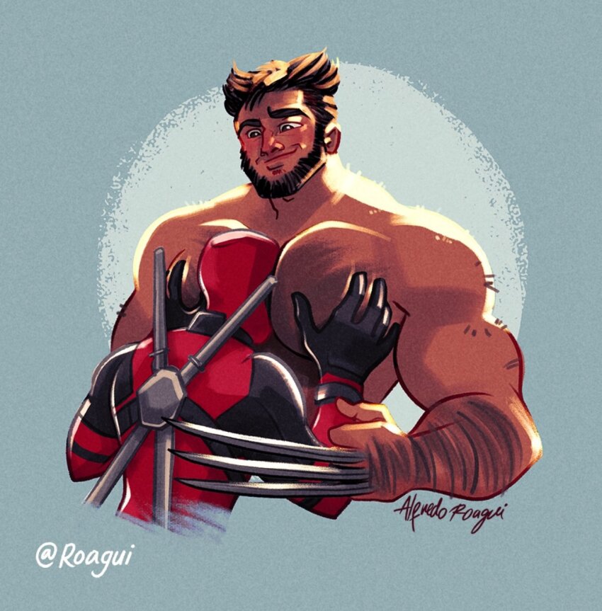 2boys bara between_pecs between_pectorals blush cropped_torso deadpool deadpool_&amp;_wolverine face_to_pecs hairy head_between_pecs head_between_pecs_(meme) highres large_pectorals male_focus mature_male meme multiple_boys muscular muscular_male nude pectoral_grab pectorals roagui short_hair simple_background thick_arm_hair thick_chest_hair thick_eyebrows wolverine_(x-men) yaoi