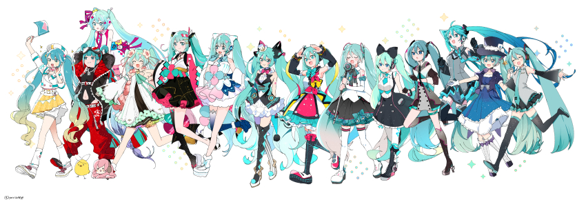 6+girls :o absurdres black_bow black_hat black_skirt black_thighhighs blue_eyes blue_hair bow character_request closed_eyes floating_hair hair_bow hands_on_own_head hat hatsune_miku highres holding holding_staff jacket magical_mirai_(vocaloid) magical_mirai_miku magical_mirai_miku_(2016) magical_mirai_miku_(2023) magical_mirai_miku_(2024) mini_hat mini_top_hat multiple_girls multiple_persona omutatsu open_mouth pleated_skirt quilted_jacket red_jacket side-by-side simple_background skirt smile staff thighhighs top_hat vocaloid walking white_background