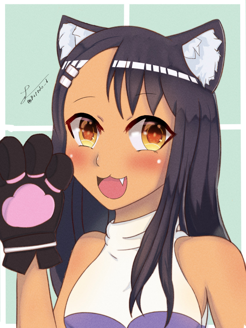 1girl absurdres animal_ear_fluff animal_ears animal_hands aqua_background artist_name bare_shoulders black_hair blush brown_eyes cat_ears commentary dark-skinned_female dark_skin english_commentary gloves happy highres huge_filesize ijiranaide_nagatoro-san long_hair looking_at_viewer nagatoro_hayase open_mouth paw_gloves psypolo_d shirt signature simple_background sleeveless sleeveless_shirt smile solo twitter_username upper_body white_shirt