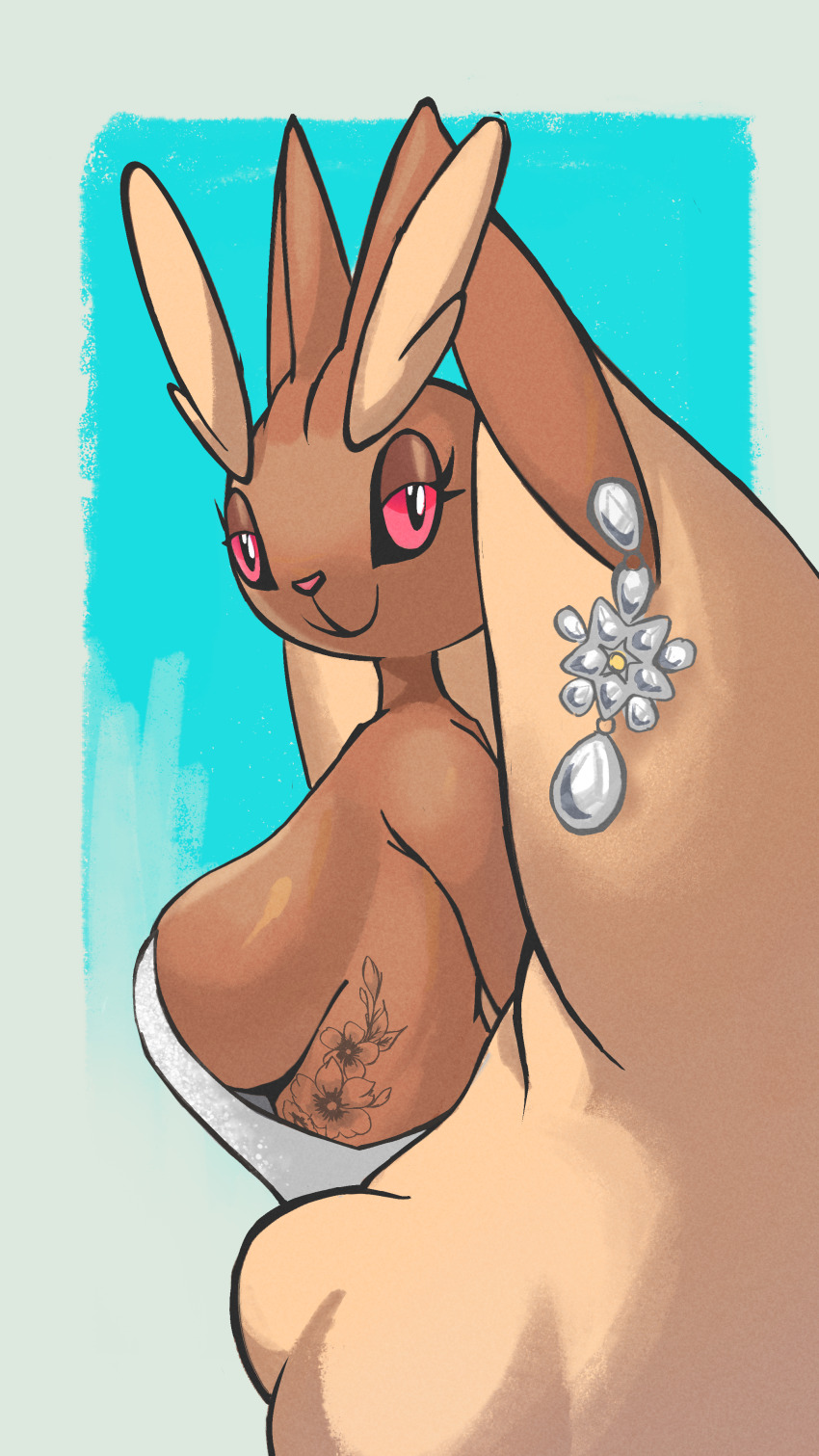 1girl animal_nose bare_shoulders blue_background body_fur breasts brown_fur closed_mouth creatures_(company) dress earrings female_focus flower_tattoo from_side furry furry_female game_freak gen_4_pokemon gradient_background half-closed_eyes happy jewelry kipnitt large_breasts long_ears looking_at_viewer lopunny mature_female nintendo outside_border pokemon pokemon_(creature) rabbit_ears rabbit_girl red_eyes seductive_smile sideboob smile solo standing star_(symbol) star_earrings strapless strapless_dress tattoo two-tone_fur upper_body white_dress yellow_fur