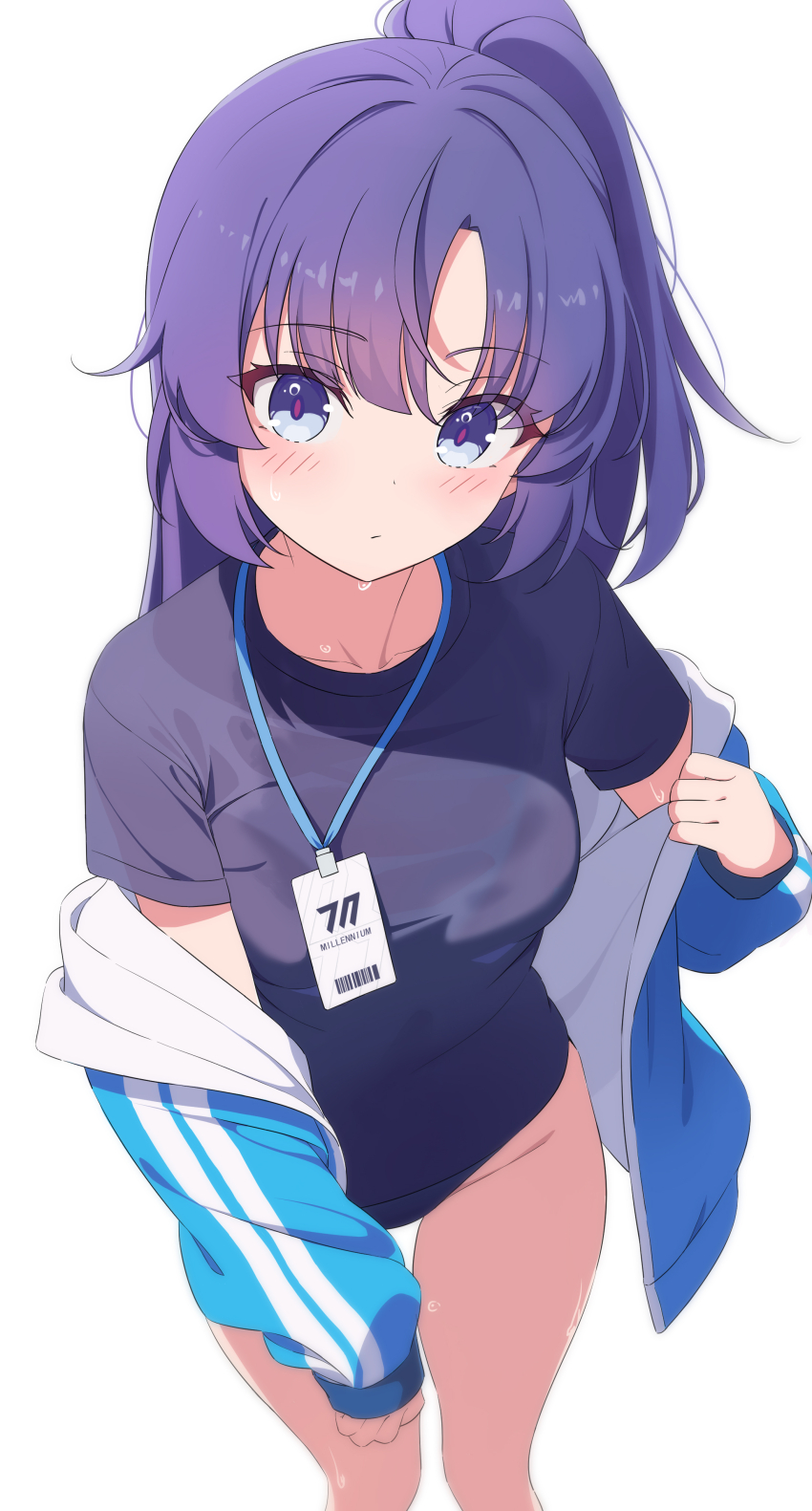 1girl absurdres blue_archive blue_buruma blue_jacket blue_shirt buruma forgetf4 gym_shirt gym_uniform highres id_card jacket lanyard official_alternate_costume shirt simple_background solo sweat white_background yuuka_(blue_archive) yuuka_(track)_(blue_archive)