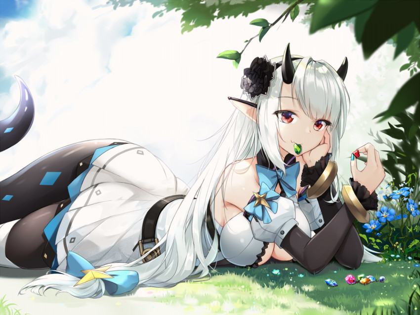 1girl bare_shoulders belt black_tail blue_bow blue_bowtie blue_nails bow bowtie bracelet breasts cleavage cloud cloudy.r cloudy_sky commentary_request detached_sleeves dress epic_seven flower flower_request gem gem_in_mouth grass hair_between_eyes hair_bow hair_flower hair_ornament hand_rest holding holding_gem horns jewelry long_hair looking_at_viewer lying medium_breasts nail_polish on_stomach outdoors pantyhose pointy_ears red_eyes sidelocks sky sleeveless sleeveless_dress solo swept_bangs tail white_dress white_hair yufine_(epic_seven)