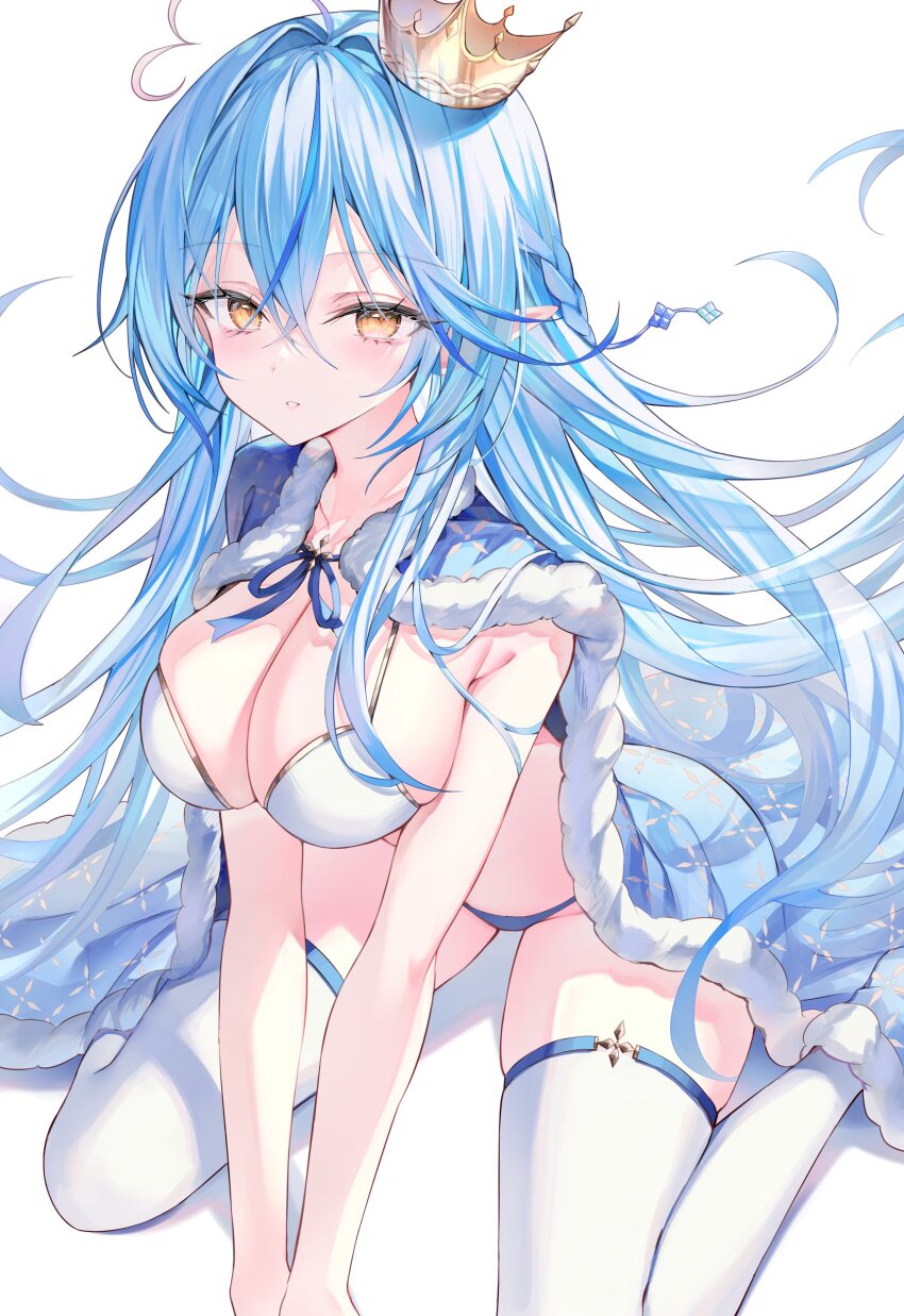 1girl absurdres ahoge armpit_crease bare_arms between_legs bikini blue_bikini blue_cape blue_hair braid breasts cape cleavage crown fur-trimmed_cape fur_trim hand_between_legs heart heart_ahoge highres hololive large_breasts long_hair looking_at_viewer mismatched_bikini multicolored_hair parted_lips pointy_ears rin_yuu sidelocks sitting skindentation solo streaked_hair string_bikini swimsuit thighhighs thighs v_arms very_long_hair virtual_youtuber wariza white_bikini white_thighhighs yellow_eyes yukihana_lamy