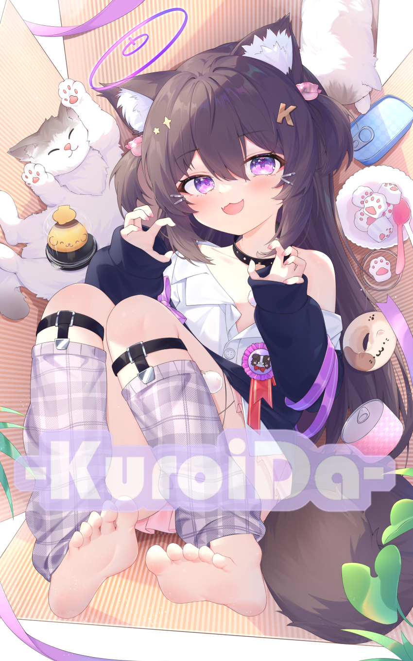 1girl absurdres animal_ear_fluff animal_ears arm_ribbon barefoot bell black_choker blush bow brown_hair can canned_food cat cat_ears cat_girl cat_hair_ornament cat_tail choker collarbone collared_shirt doughnut fang food hair_between_eyes hair_ornament hairclip halo highres kuroida leg_warmers legwear_garter letter_hair_ornament long_sleeves lying on_back original partially_unbuttoned pink_skirt plaid_clothes pleated_skirt purple_bow purple_eyes purple_halo purple_ribbon ribbon shirt single_bare_shoulder skin_fang skirt sleeves_past_wrists smile tail toes two_side_up white_shirt